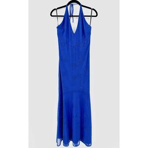 GUNNE SAX | JESSICA MCCLINTOCK Blue Sequin Halter Top Max Dress Gown Size 7